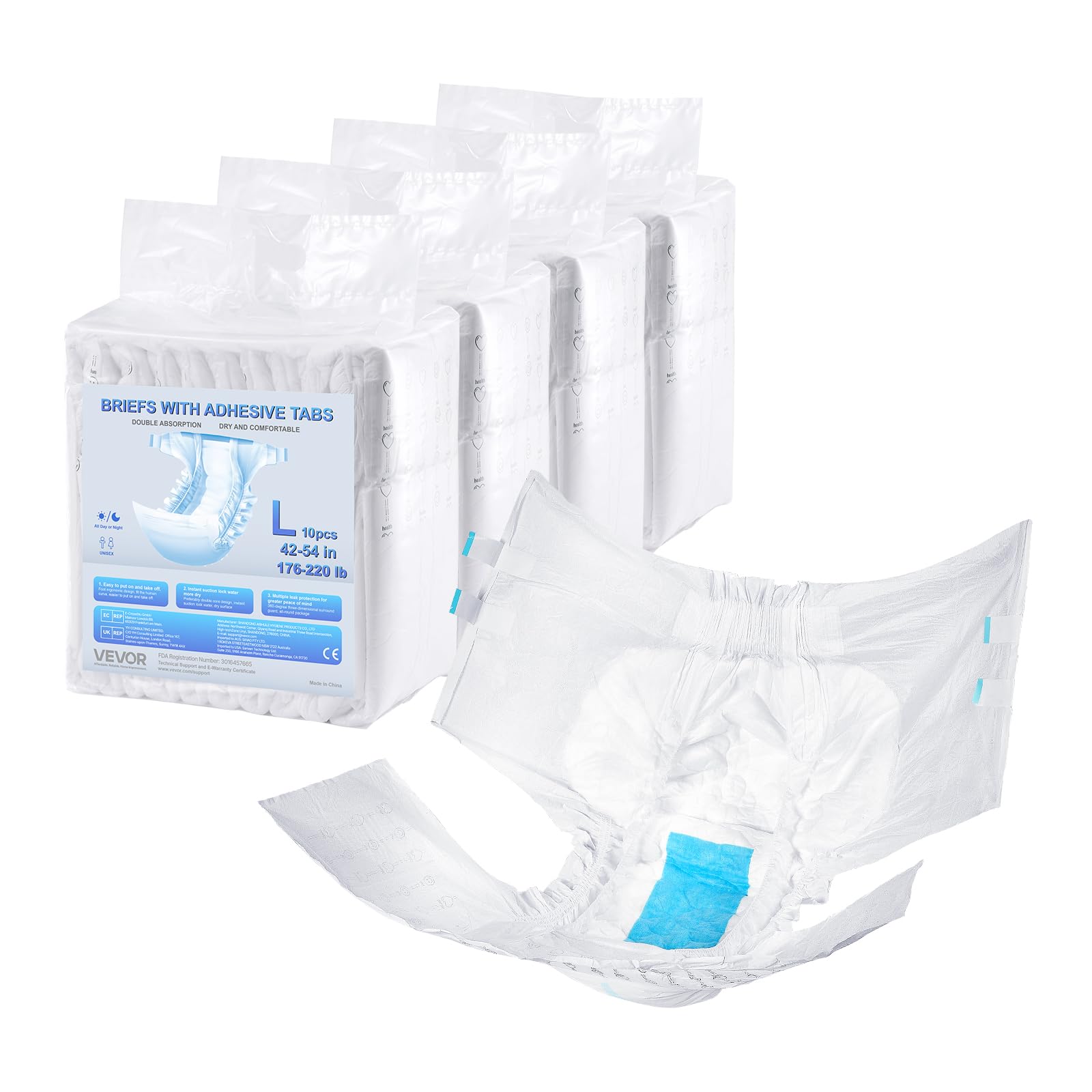 VEVOR Couche Adulte, Taille L, Sous-​vêtements de Protection d'Incontinence Jetables Absorbants Anti-​fuite pour Hommes Femmes, avec Languette Adhésive, Indicateur Humidité, 40 Pièces (4 Paquets de 10)