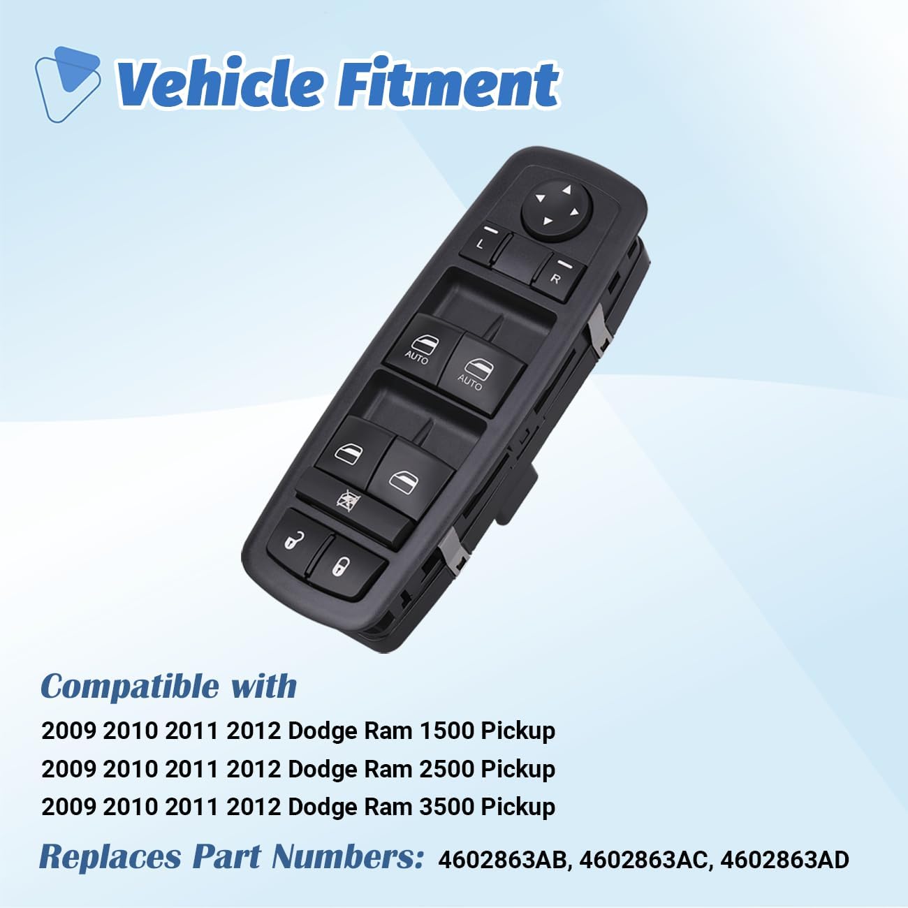 Obaee Master Power Window Switch Door Lock Main Control Button Front Left Driver Side Compatible with 2009 2010 2011 2012 Dodge RAM 1500/2500/3500 Pickup Crew Cab Quad Replacement 4602863AB 4602863AC