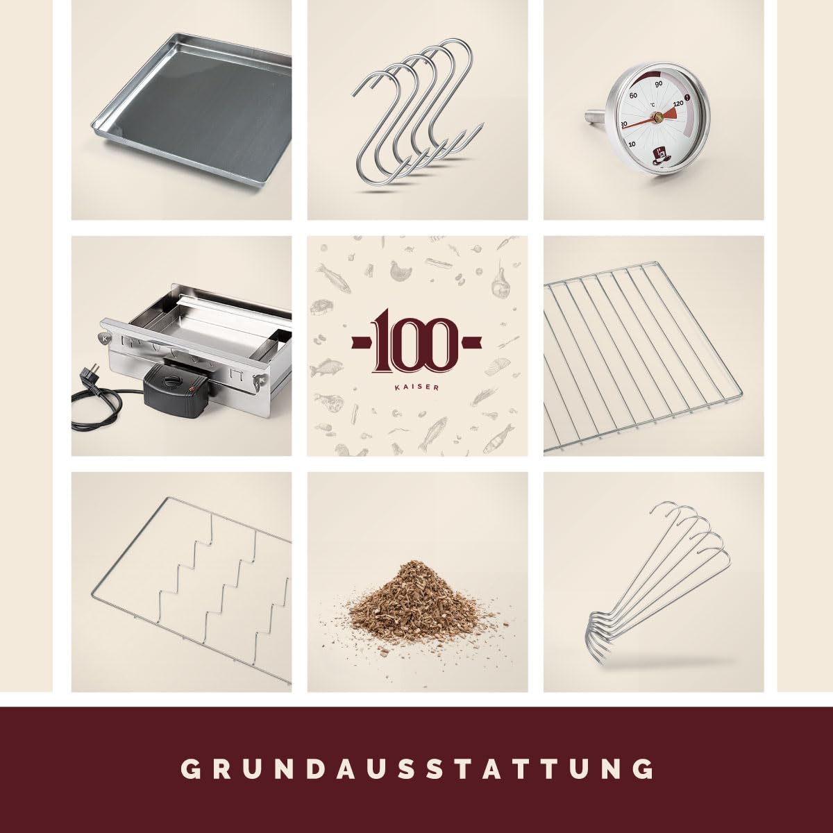KAISER COMPANY '100' Hochwertiger Elektrischer Räucherofen/Räucherschrank aus Edelstahl I Tragbarer Smoker 110 cm I Passen bis zu 15kg Fleisch I 2000W I mit Zubehör I NICHTROSTEND
