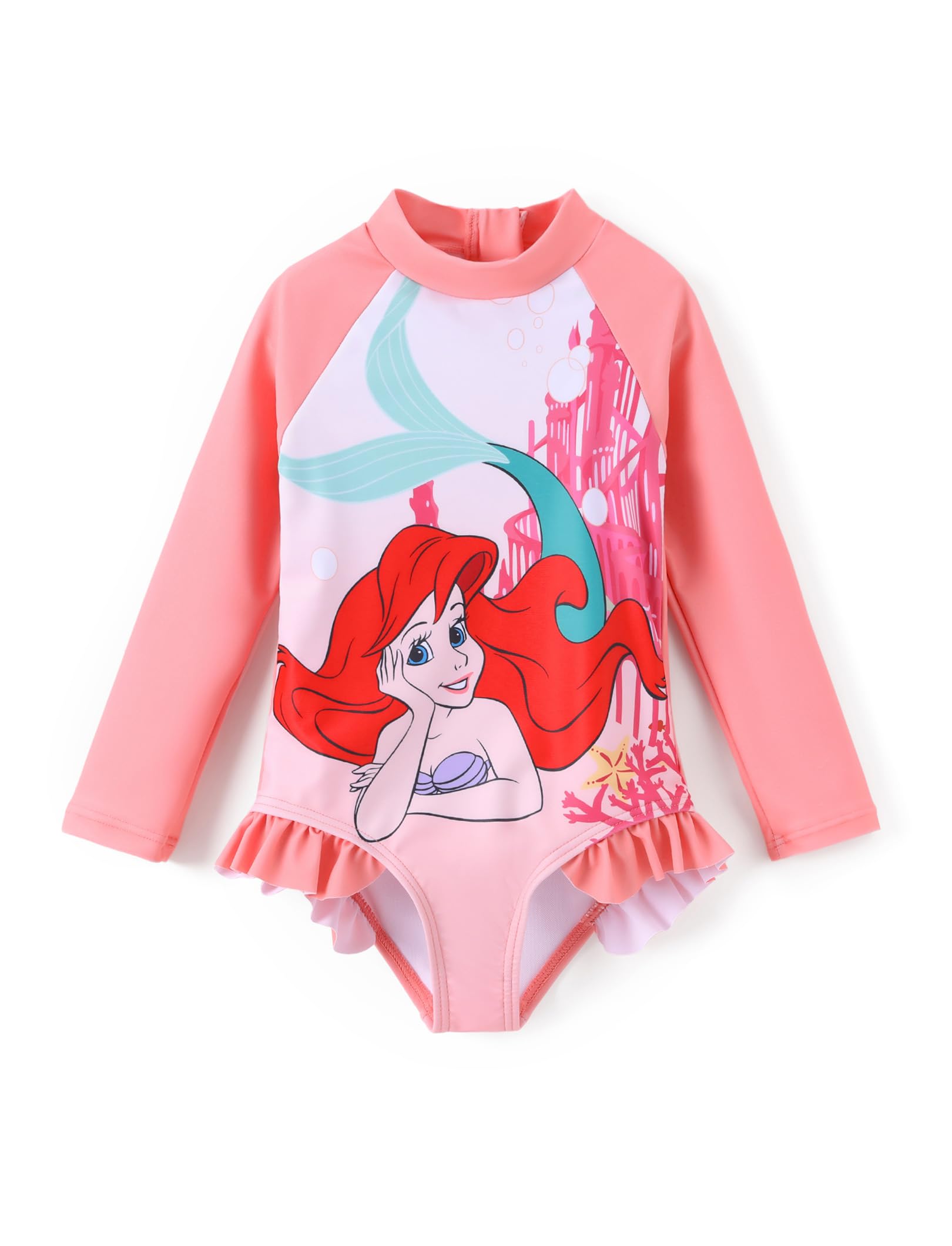 Disney Princess Frozen Elsa Minnie Stitch One Piece Swimsuit Rashguard Bathing Suit UPF 50+Toddler Girl Long Sleeve Swimwear