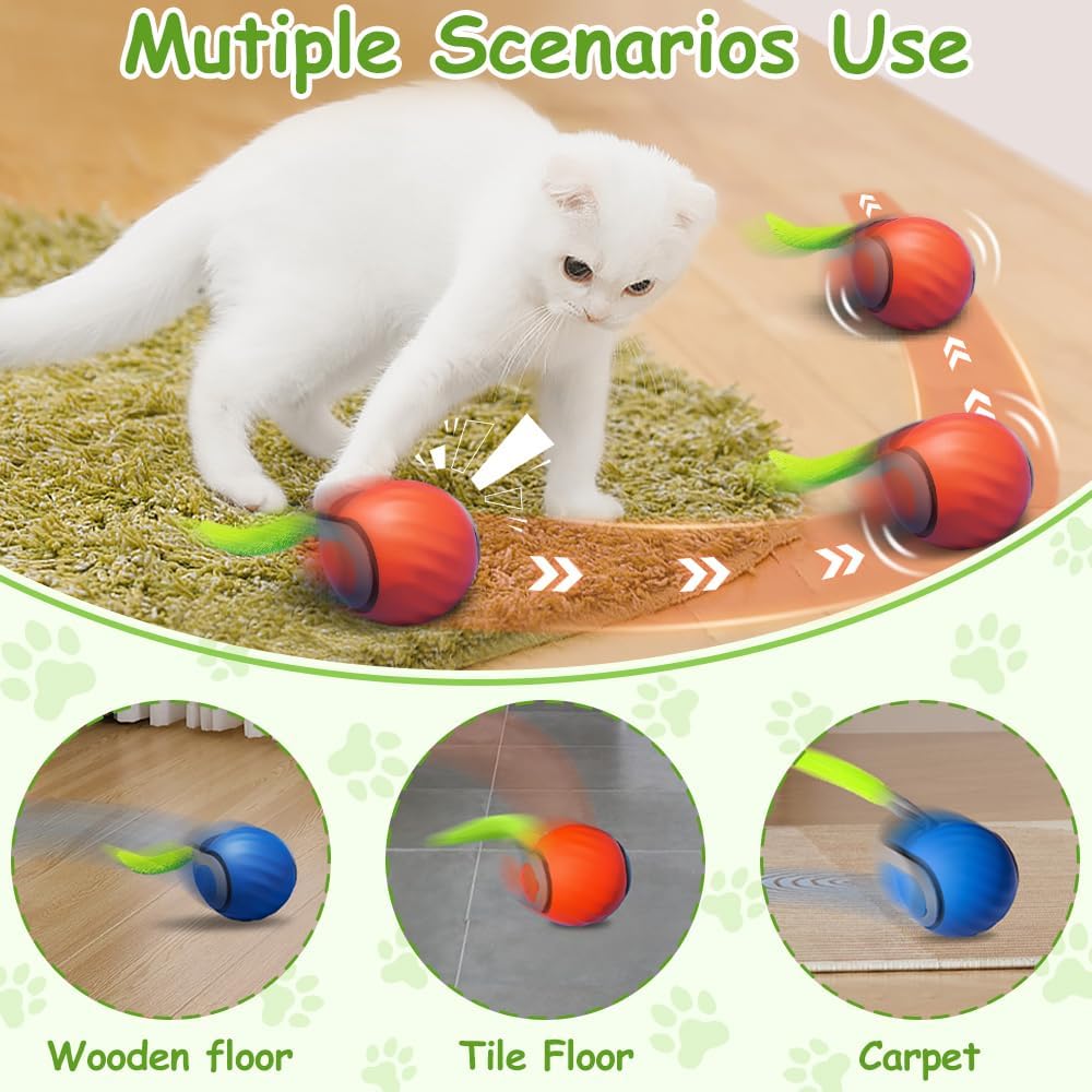 Interactive Cat Toys for Indoor Cats, Smart Interactive Cat Toy Ball with Tail Automatic Kitten Toys for Bored Indoor Adult Cats Two Speed Adjustment (Blue&Orange) image 3