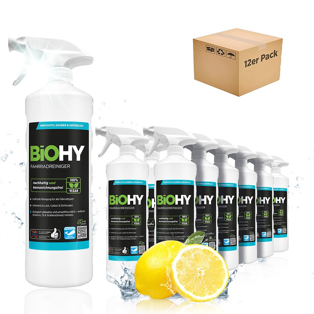 BiOHY Fahrradreiniger (12 x 1L) + Sprühkopf | Bio Reinigungsspray für Rahmen, Glas & glatte Oberflächen | Hochwirksamer Schaum | Biologisch abbaubar | Ideal für E-Bikes & alle Fahrräder