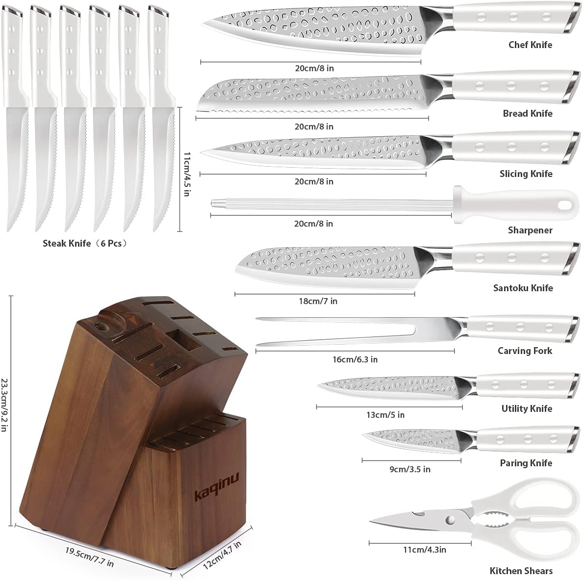 Knife Set with Block, 16-Piece Kitchen Knife Set, Manual Sharpener for Chef Knife Set, German High-Carbon Stainless Steel & Ultra Sharp Full Tang Forged Knives - White