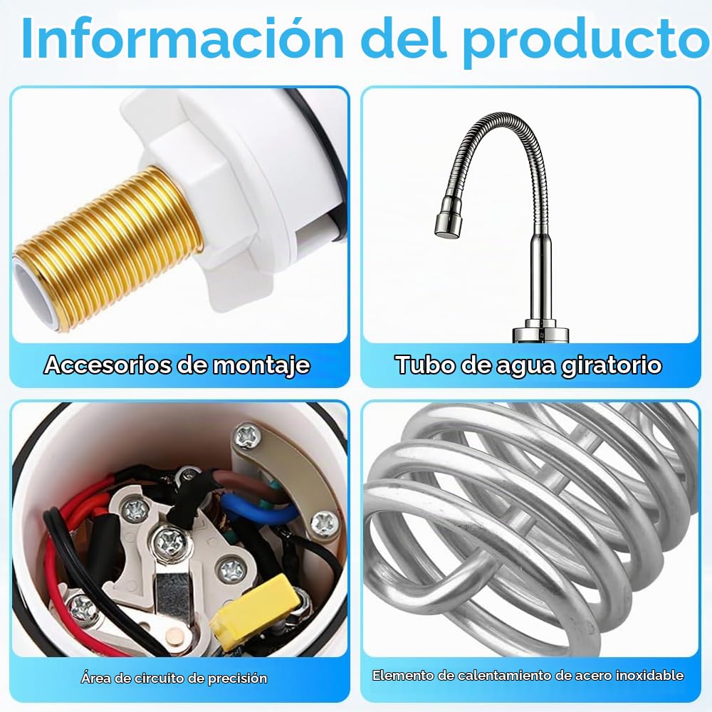 Grifo Agua Caliente Instantanea, 220V 3000W, 360° Flexible Rotación, Calentador de Agua Electrico Instantaneo con Indicador de Temperatura para Cocina Baño [Clase de Eficiencia Energética B]