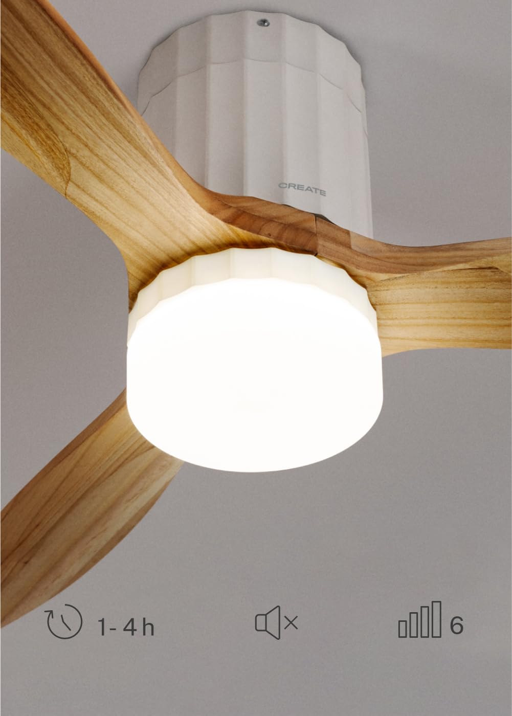 CREATE / WINDCALM LINE/Ventilatore da soffitto bianco con luce Wifi e telecomando, pale Legno chiaro linee verticali / 40W, Timer, Ø132 cm, 6 velocità, 3 temperature di luce, funzione estate-inverno