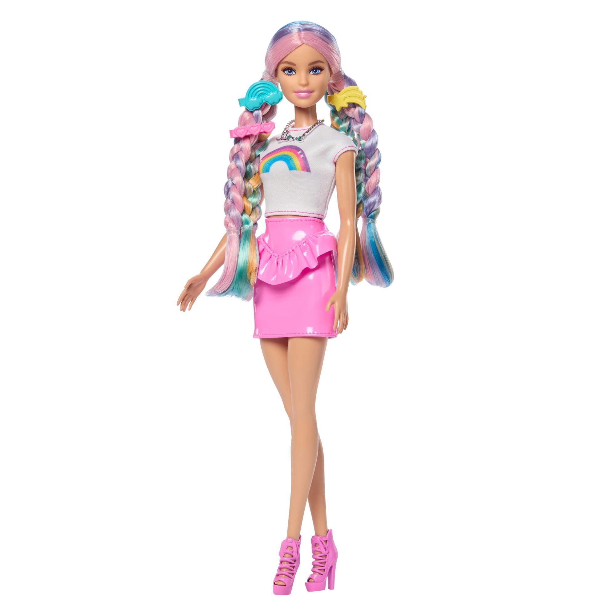 Barbie Regenbogen-Glitzerhaar Puppe, besonders Lange und Bunte Haare mit 12 Styling-Zubehörteilen wie Glitzergel-Tube, Haarbürste, Haarspangen, Föhn und mehr, JJP07