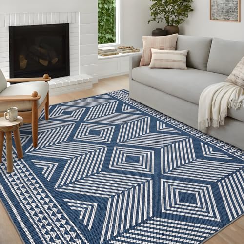 GlowSol Washable Rugs 8x10 Modern Geometric Living Room Rug, Non-Slip Tribal Neutral Large Rug, Stain Resistant Large Bedroom Stripe Accent Floor Carpet for Dining Room Office,Blue