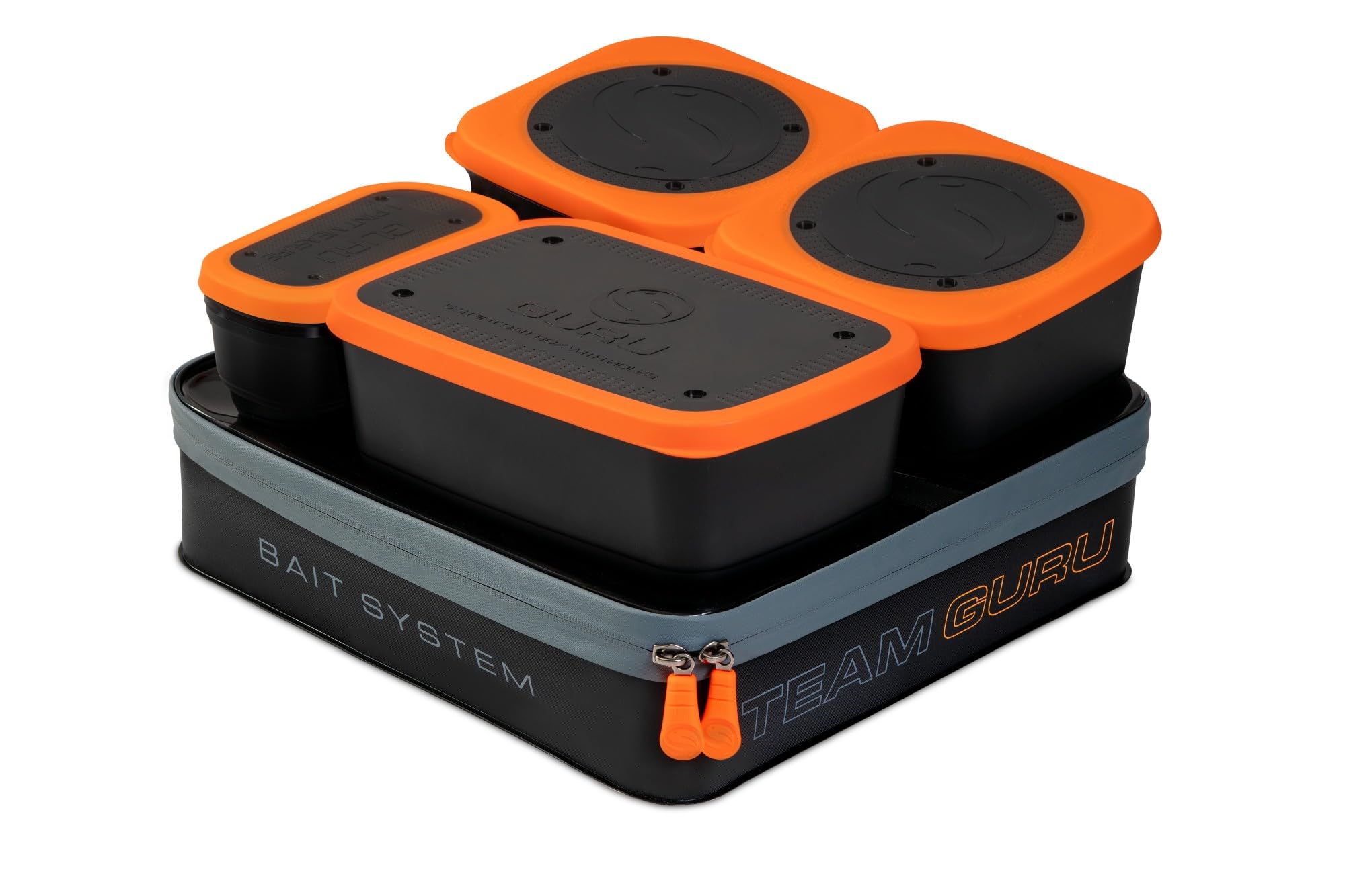 Guru Orange - Team Bait System - 12L Eva Bait Storage Box With Tinted Water-Resistant Lid, 5 Ventilated Bait Boxes, Reinforced Carry Handle, Zip Pullers, Durable All-Weather Fishing Bait Organiser