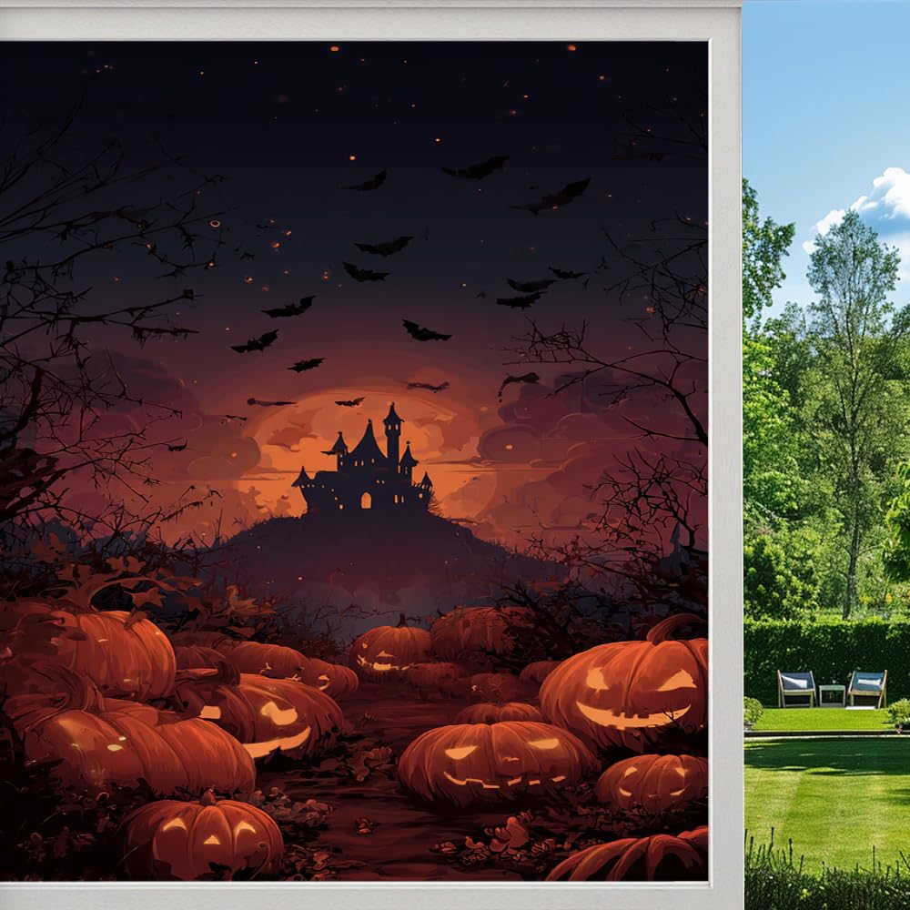 Halloween Castle Stained Glass Window Film, Horror Pumpkin Lantern and Bat Peel and Stick Privacy Film, Frosted Adhesive Vinyl Decorative for Bathroom Windows Glass Doors, （45x90cm）