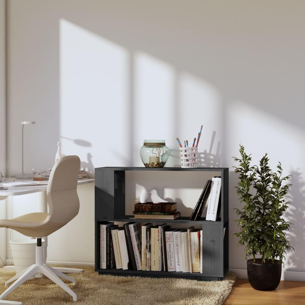 Libreria Divisorio Legno Massello Pino Grigio 80x25x70 cm | Scaffale bifacciale aperto per soggiorno e corridoio, organizza libri e oggetti con finitura in legno massello grigio.