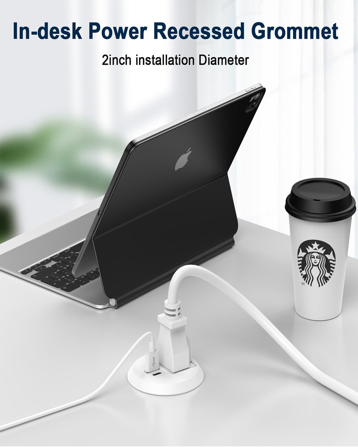 Recessed Power Grommet 2 inch,Tamper-Resistant Design AC Outlets, Fast Charging Station USB-C Port,Desk Hole Grommet Recessed Outlet,Round Desktop Conference Room Power Grommet Outlet (White)