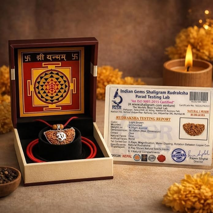 LAB Certified 1 Mukhi Half Moon Rudraksha with Shri Yantra Box, Ek Mukhi Shiva Bead for Meditation & Worship