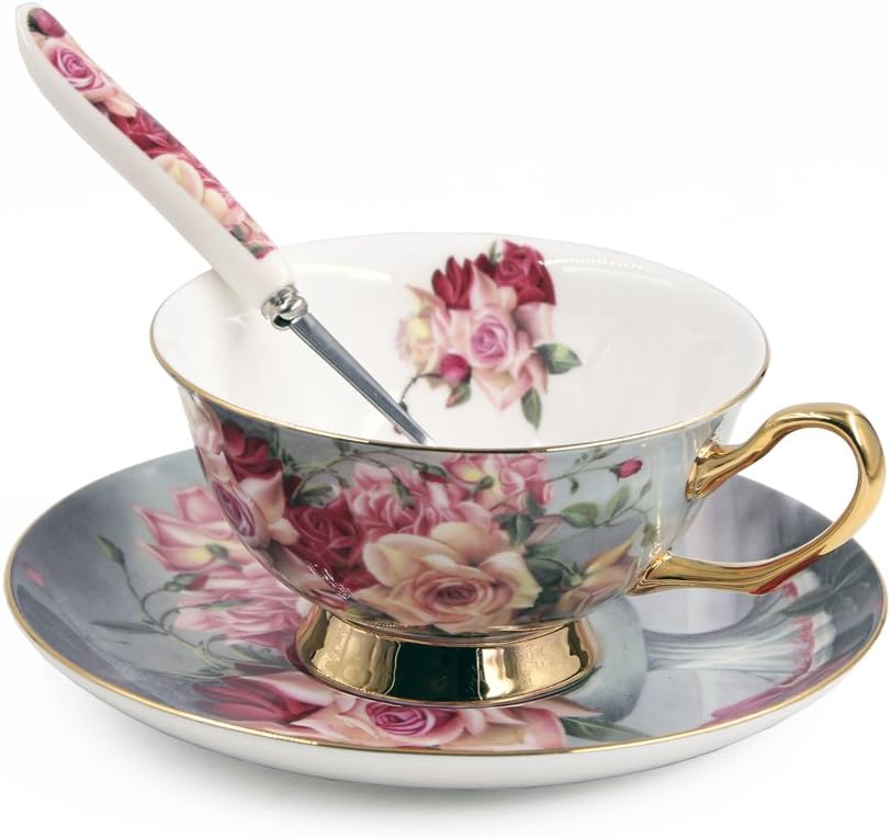 Premium Quality Bone China Coffee Cup Teacup & Saucer & Teaspoon Set, 7oz (Red Rose Printing)