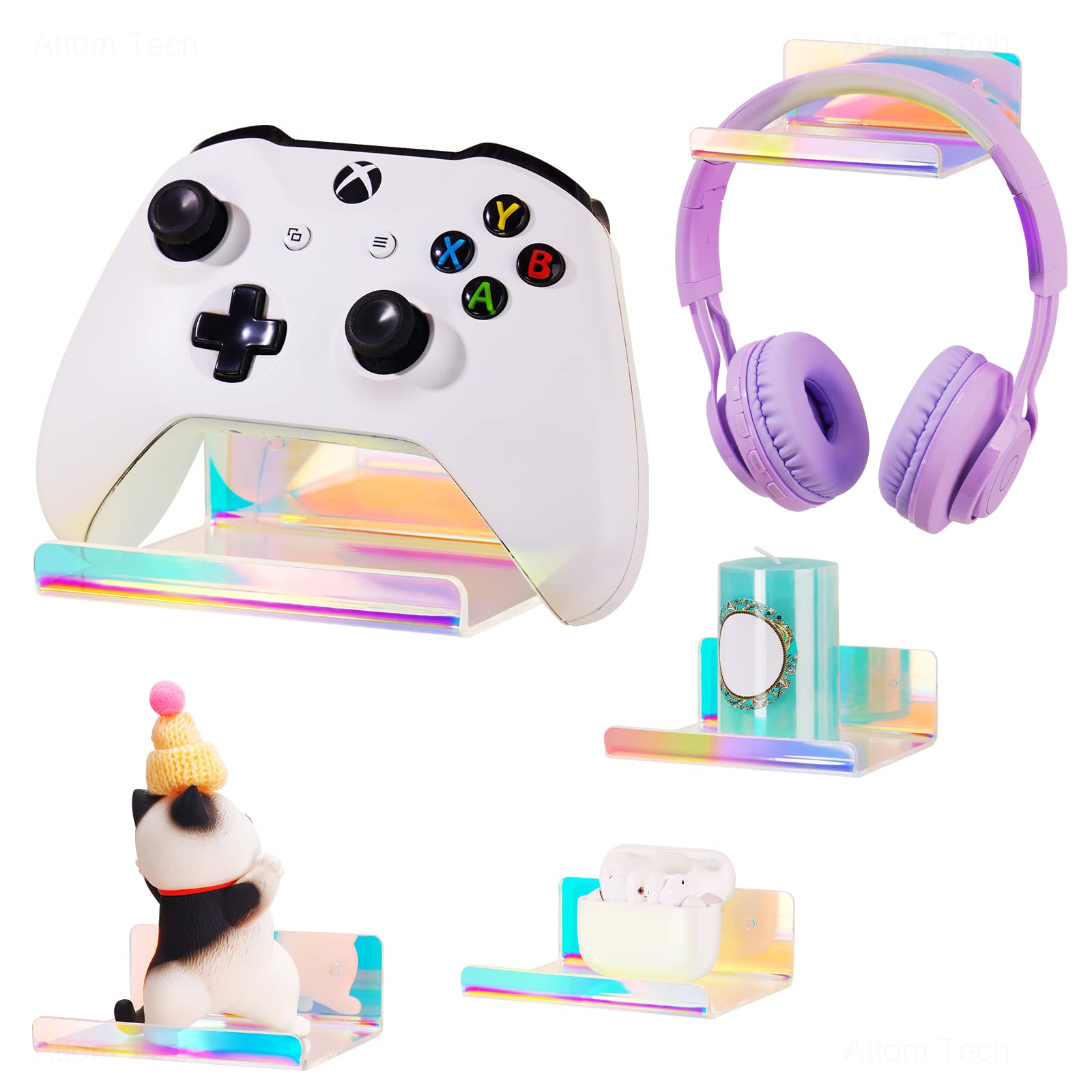 NiHome Iridescent Acrylic Floating Shelves with Edge 5-Pack Small, Wall Mounted 4.3”x3.5 Rainbow Ledge Shelves Adhesive & Screw Mount Phone Holder Shelf for Bathroom Kitchen Bedroom Office Home Décor