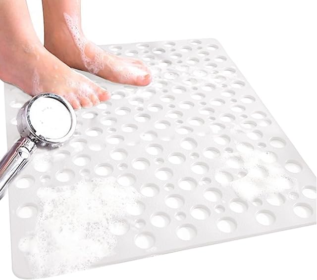 Venuso Square Shower Mats Non Slip Anti Mould, 53 x 53 cm Rubber Anti Slip Bath Mat with Drain Holes, Machine Washable, White