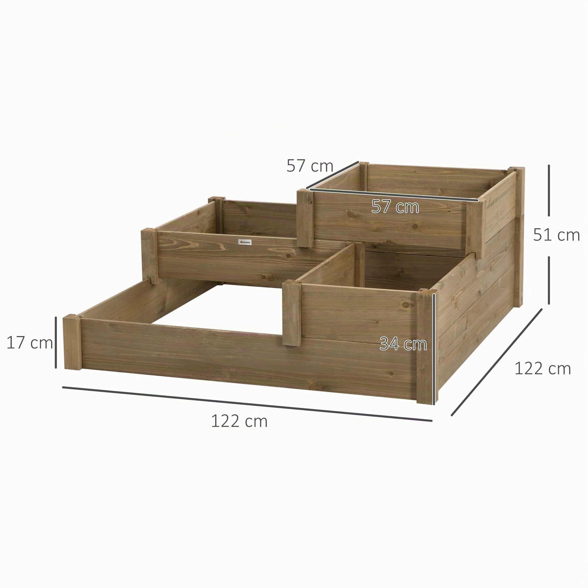 Outsunny Bac à légumes surélevé Bac à fleurs avec 3 niveaux, bac à plantes pour herbes aromatiques sur la terrasse et le balcon, bois de sapin, brun, 122 x 122 x 51 cm