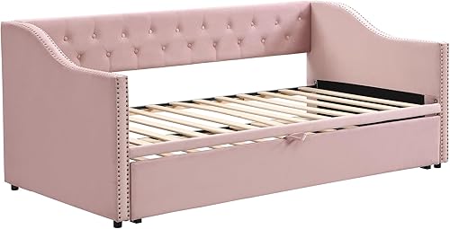 Miniatura 35 de Sofá cama tapizado de tamaño individual con nido desplegable, sofá cama extensible de terciopelo con respaldo copetudo, marco de sofá cama