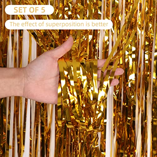 Image of 5 Pack Gold Fringe Backdrop 3.2ft x 8.2ft Foil Curtain Tinsel Foil Fringe Curtains Backdrop Tinsel Backdrop Streamers for Birthday Curtain Party Decoration Wedding Christmas Decoration (Gold)