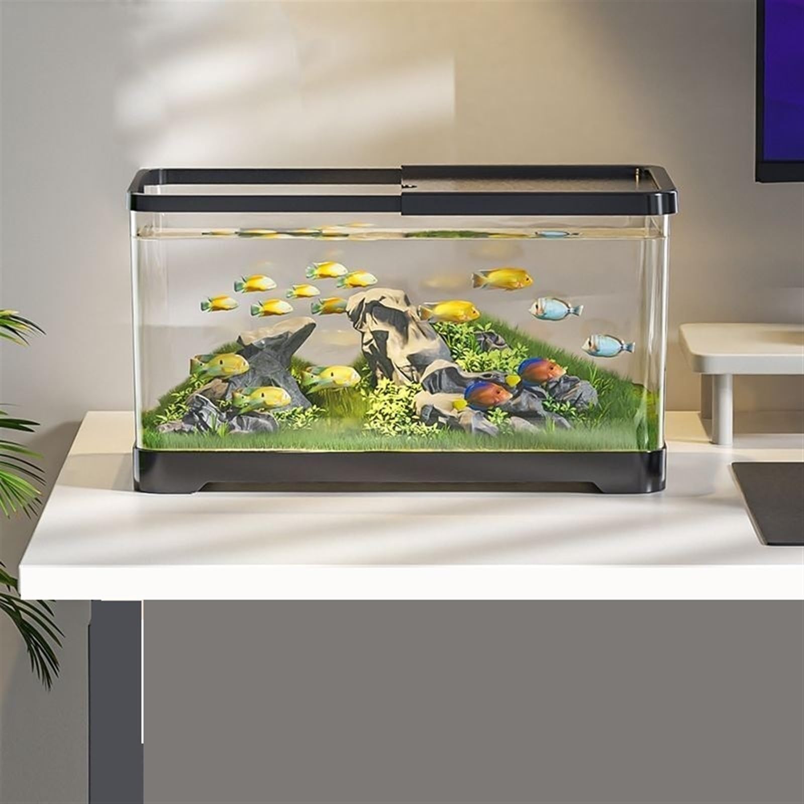 Acquario per Pesci Acquario da Tavolo in Acrilico Trasparente con Coperchio e Base, Piccolo Soggiorno, Acquario for l'allevamento di Pesci Acquari(Nero,Piccolo)