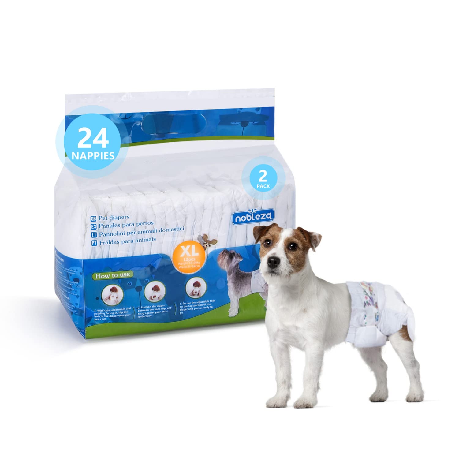 Nobleza 24x Pañales para Perros Desechables Hembra Cachorro Entrenamiento Pañales Súper Absorbente Envolturas para Mascotas Paquete de 24 Cintura 33-53CM ，XL