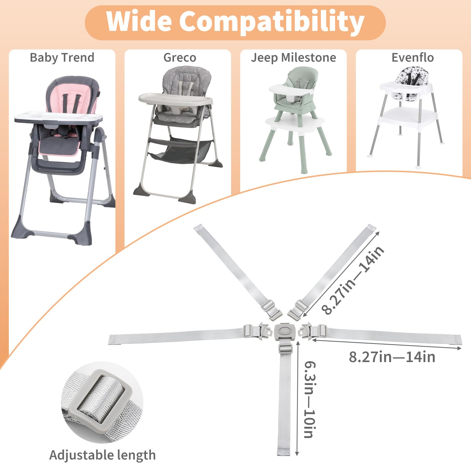 Cinghie di ricambio per seggiolone compatibili con seggioloni Baby Trend Graco Slim Snacker, cinghie adatte per Graco Everystep Ingenuity, Chicco, Jeep Milestone e altri accessori per seggioloni