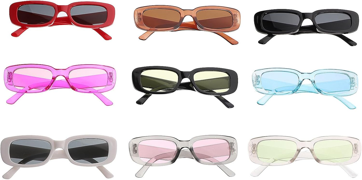 9pcs Retro Rectangle Sunglasses Set, Mixed Frame Colors Gray and Colored Lenses, Unisex Summer Party Eyewear for Men and Women