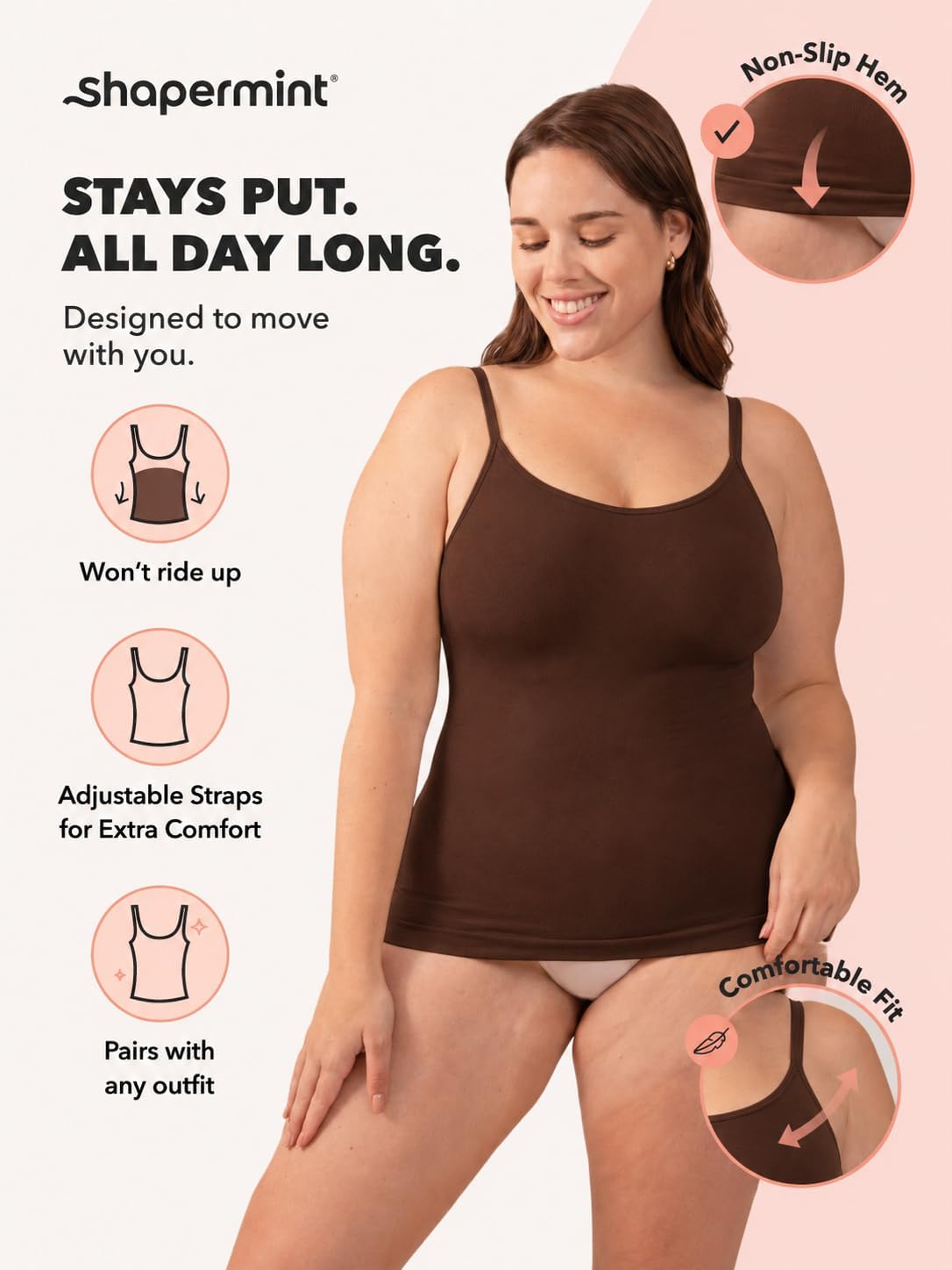 SHAPERMINT Scoop Neck Smoothing Cami, Shapewear Tank Top for Women | Scoop neck shaping cami with gentle 360° tummy, back and side smoothing, adjustable straps and seamless everyday layering.