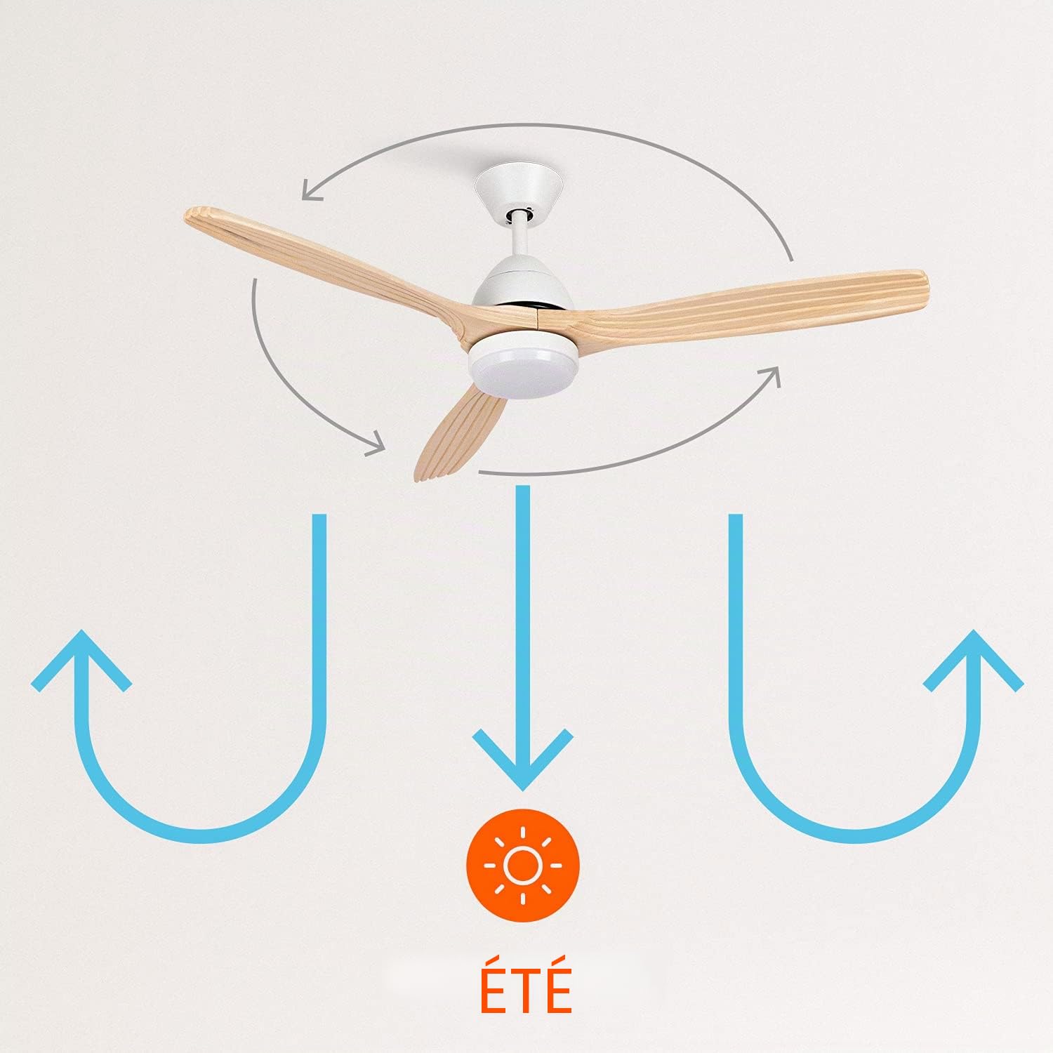 CREATE / WINDCUP/Ventilateur de plafond avec lumière et télécommande, blanc lames bois naturel / 40W, Silencieux, Ø132 cm, 6 vitesses, minuterie, été-hiver, double hauteur, moteur DC
