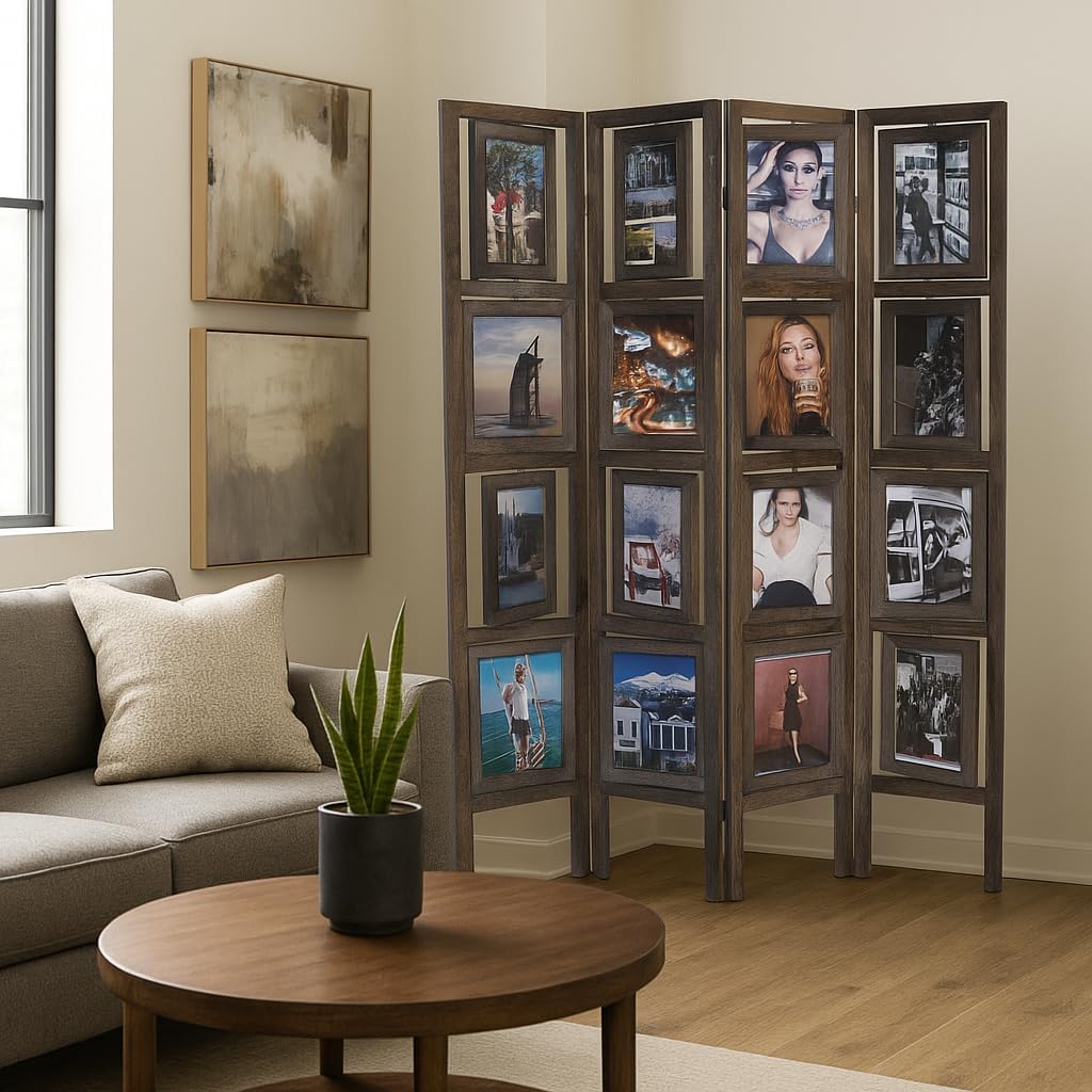 Proman Products Oscar II Scenic 4 Panel Folding Screen Room Divider with 16 Picture Frames to Display 32 Pictures, Paulownia Wood, Smoked Brown Finish, 54" W x 1" D x 67" H (Max Extends)
