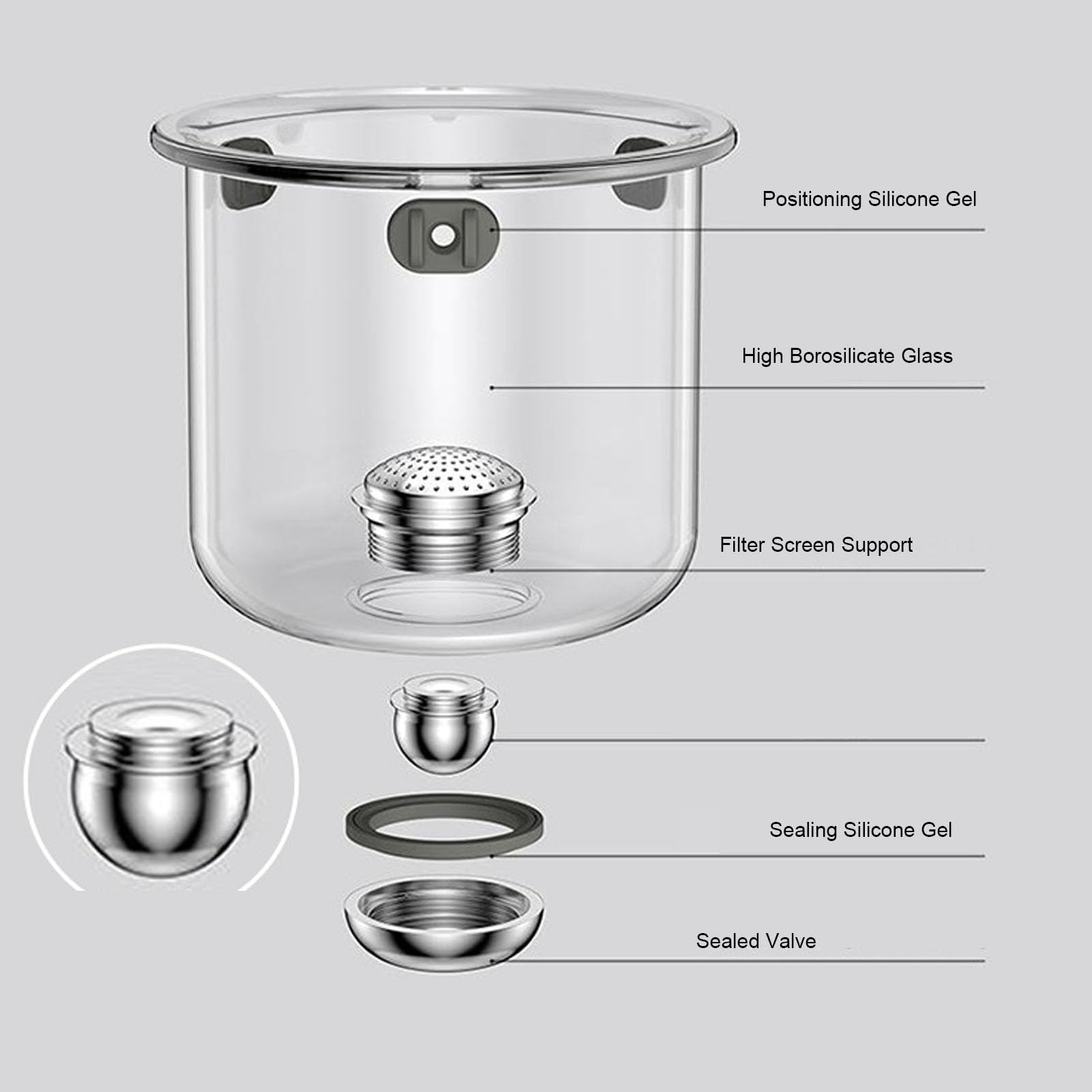 Tetera de Vidrio con Separación de Agua, Filtro de Presión