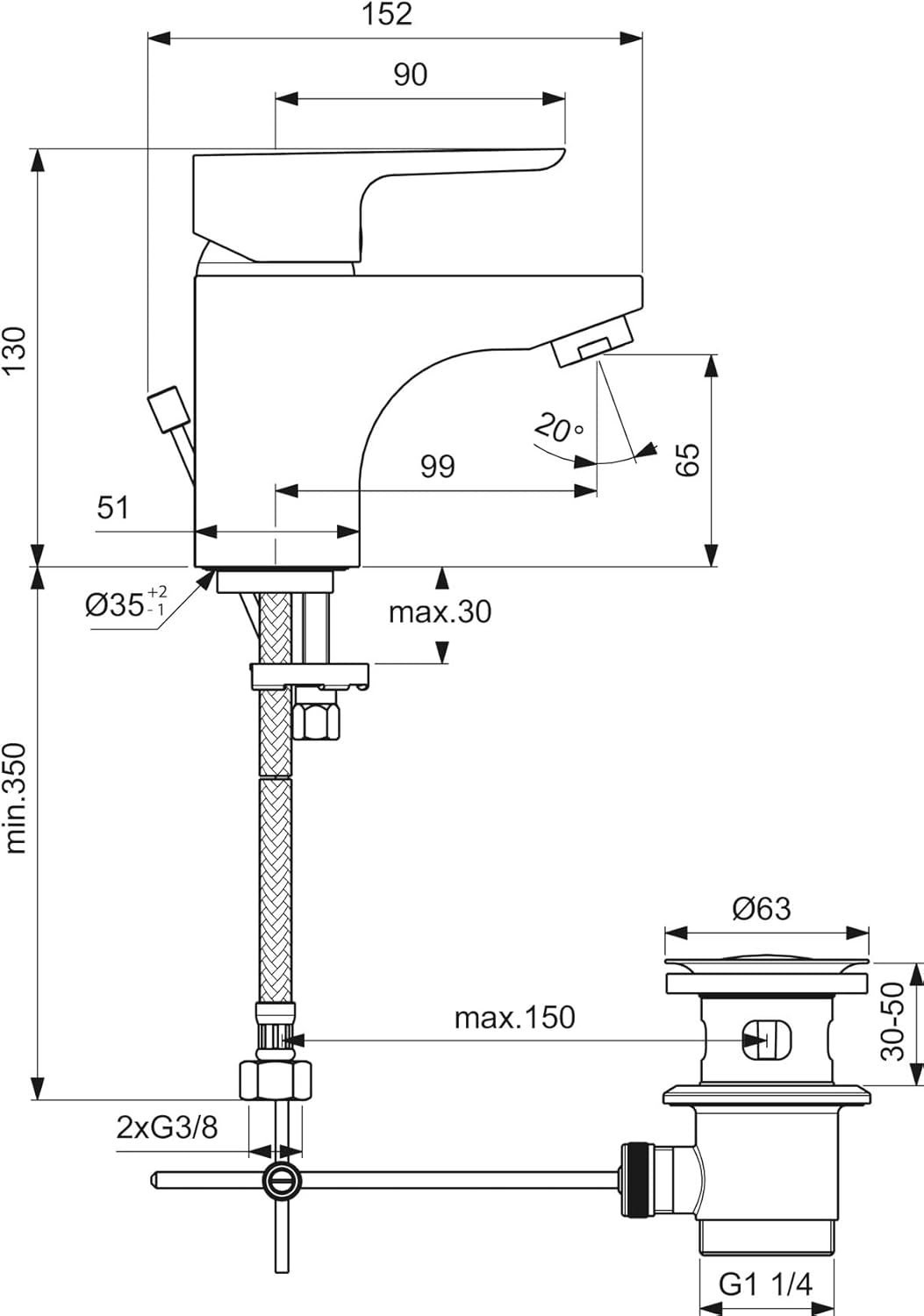 Technical drawing of Ideal Standard Ceraplan III Washbasin Mixer Tap with dimensions and connections