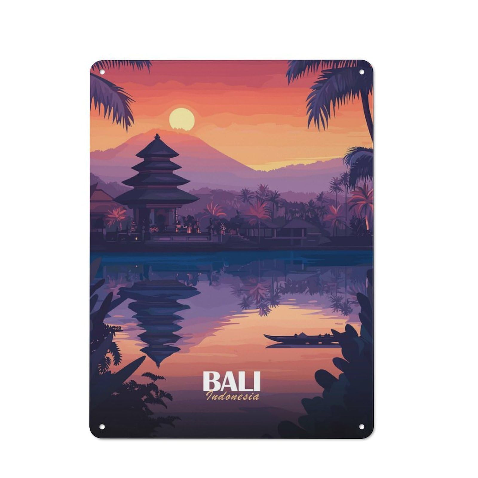 Junmoney Bali, Indonesia Sunset Illustration Decorative Tin Sign 40X30cm, Old Fashioned Old Style Wall Plaque For Lounge, Study, Pub Or Wall Gallery