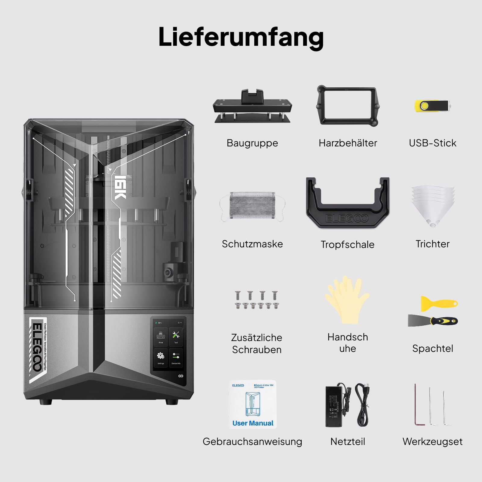 ELEGOO Saturn 4 Ultra 16K Stampante 3D Resina, Riscaldatore Serbatoio Intelligente, Stampa 150 mm/h, Fotocamera AI con Luce, Stampa Cluster WiFi, Grandi Dimensioni di Stampa 211,68 * 118,37 * 220mm³