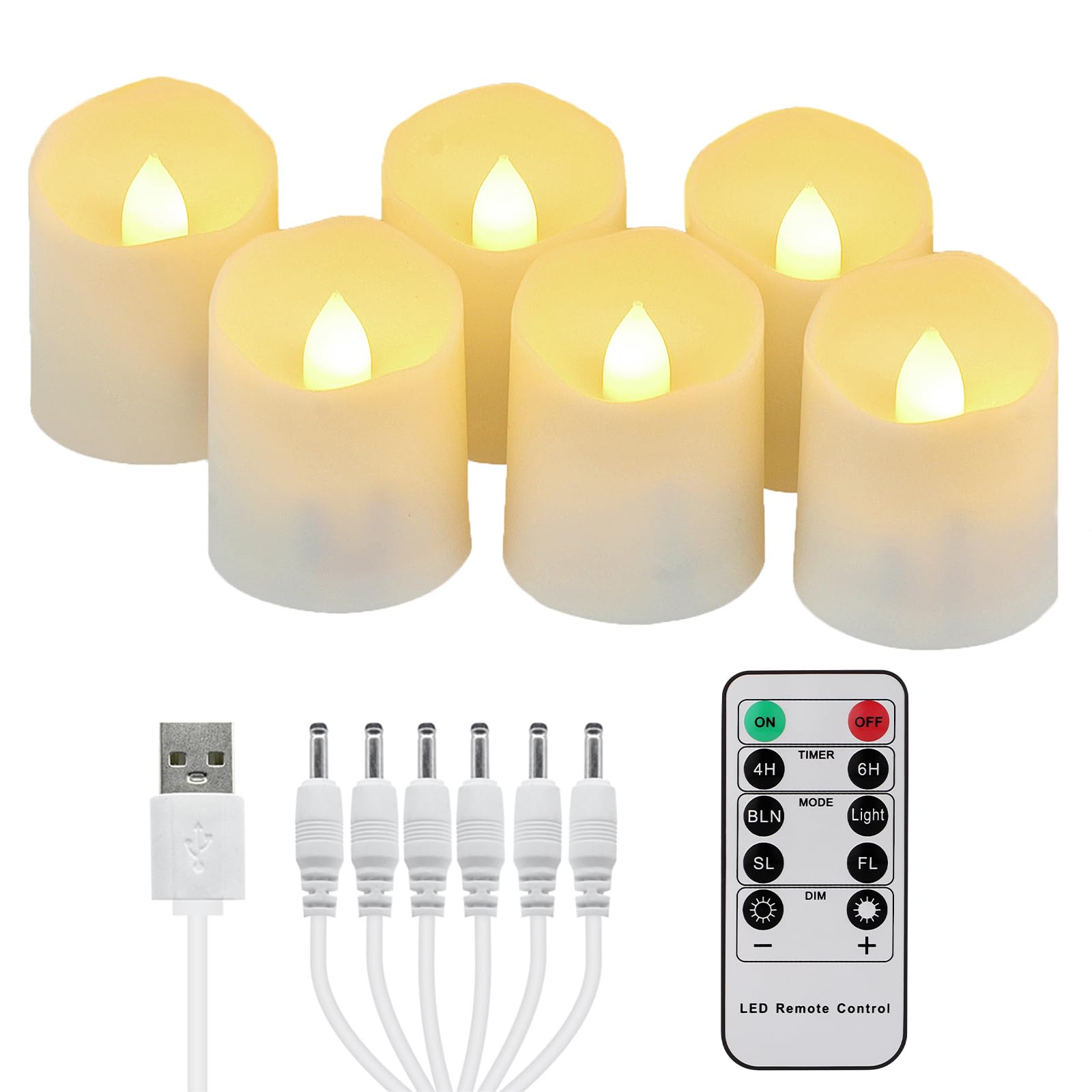 FREEPOWER 6pcs Rechargeable LED Tea Lights with Remote Control and Timer Warm White Flickering Dimmable Electric Flameless Candles with USB Charging Cable, Home Party Halloween Christmas Decor