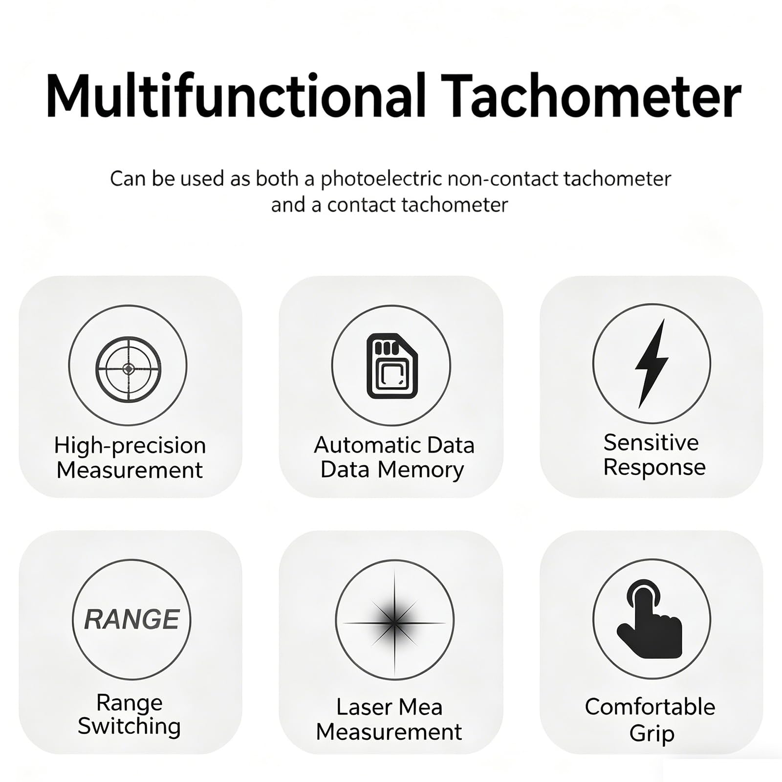 Tacómetro digital, medidor de RPM de contacto y sin contacto 2 en 1, fotosensor láser sin contacto, medición de velocidad lineal (m/min, pies/min), con sonda de 4 piezas, pantalla LCD