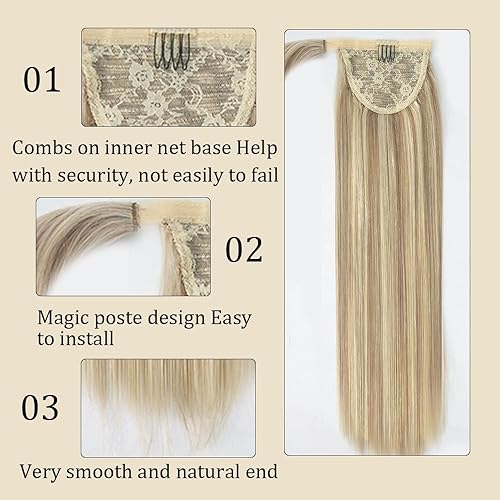 Miniatura 2 de Extensión de cola de caballo de cabello humano Remy envolvente, con reflejos, rubio claro y rubio decolorado, 14 pulgadas, cabello humano Remy