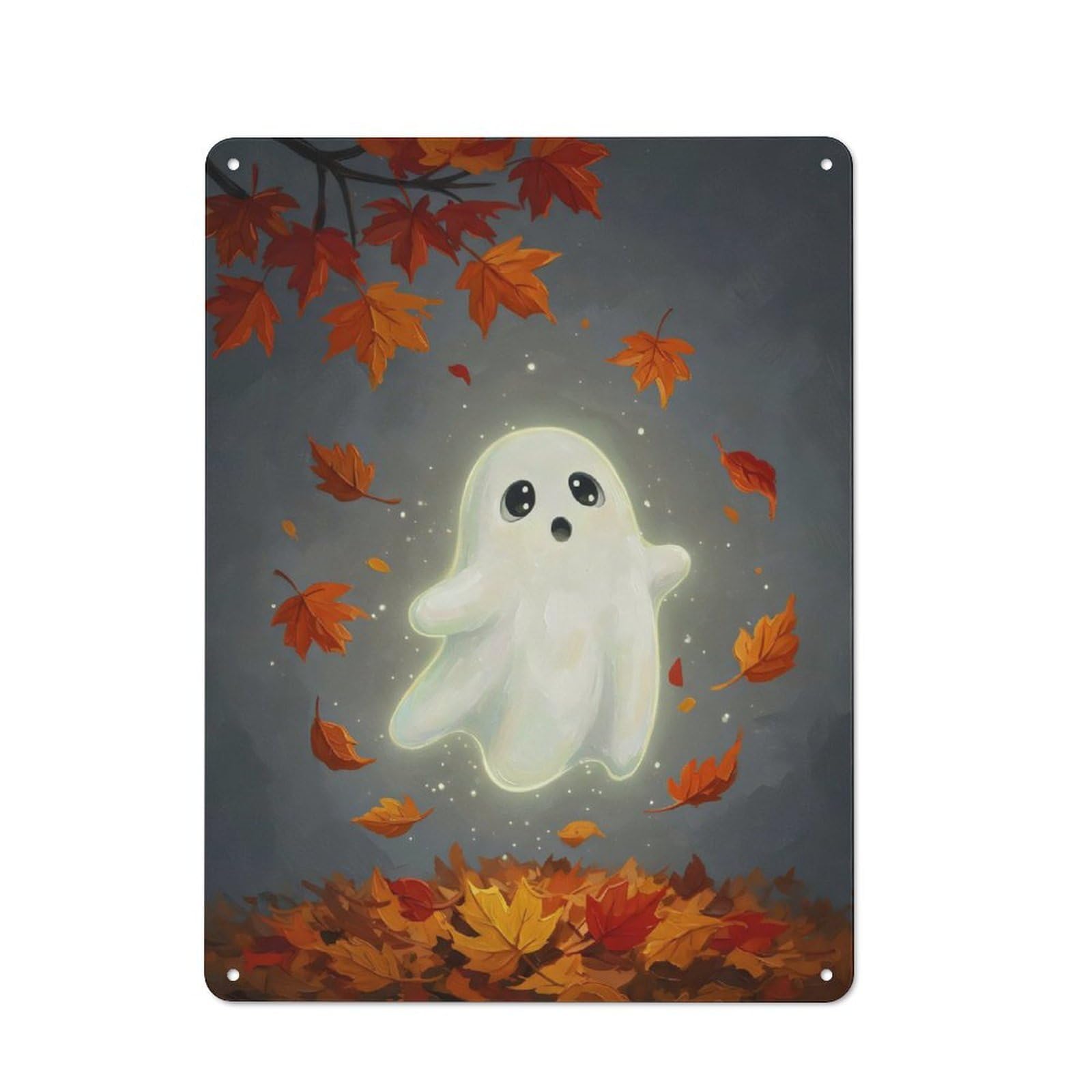 Junmoney Cute Ghost In Autumn Leaves Retro Metal Plaque 40X30cm Featuring Bistro Wall Plaque For Bakery, Diner, Cafe Or Family Room