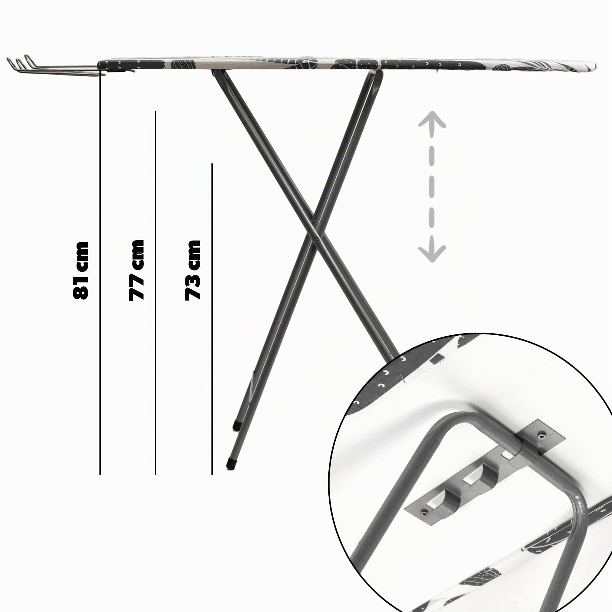 KADAX Asse da Stiro 100 x 30 cm, Tavola da Stiro Pieghevole con Rivestimento in Cotone, Piedi Antiscivolo in Acciaio, Supporto per Ferro e Altezza Regolabile