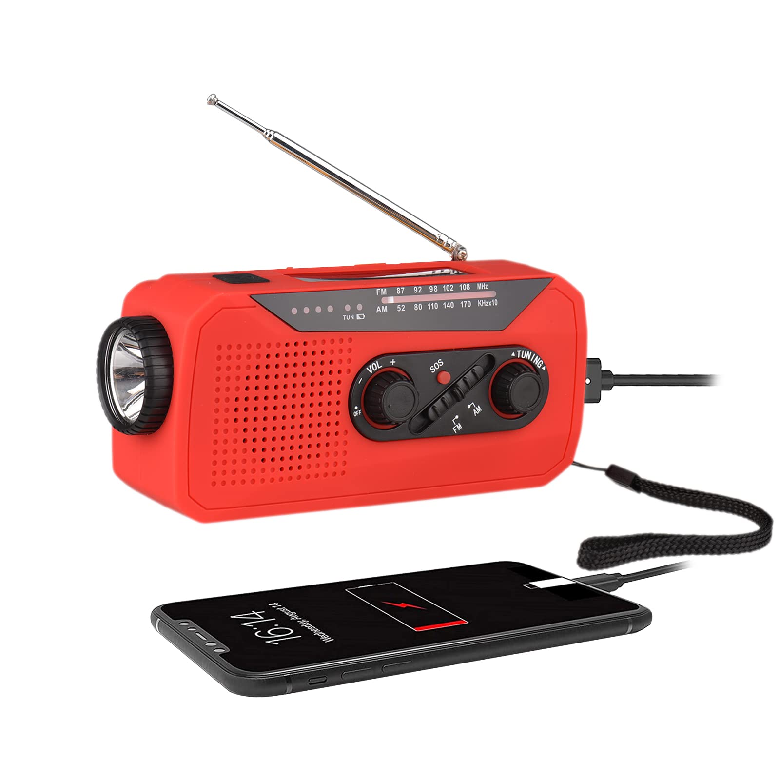 Radio d'urgence, Batterie 2000 MAh, Manivelle Solaire