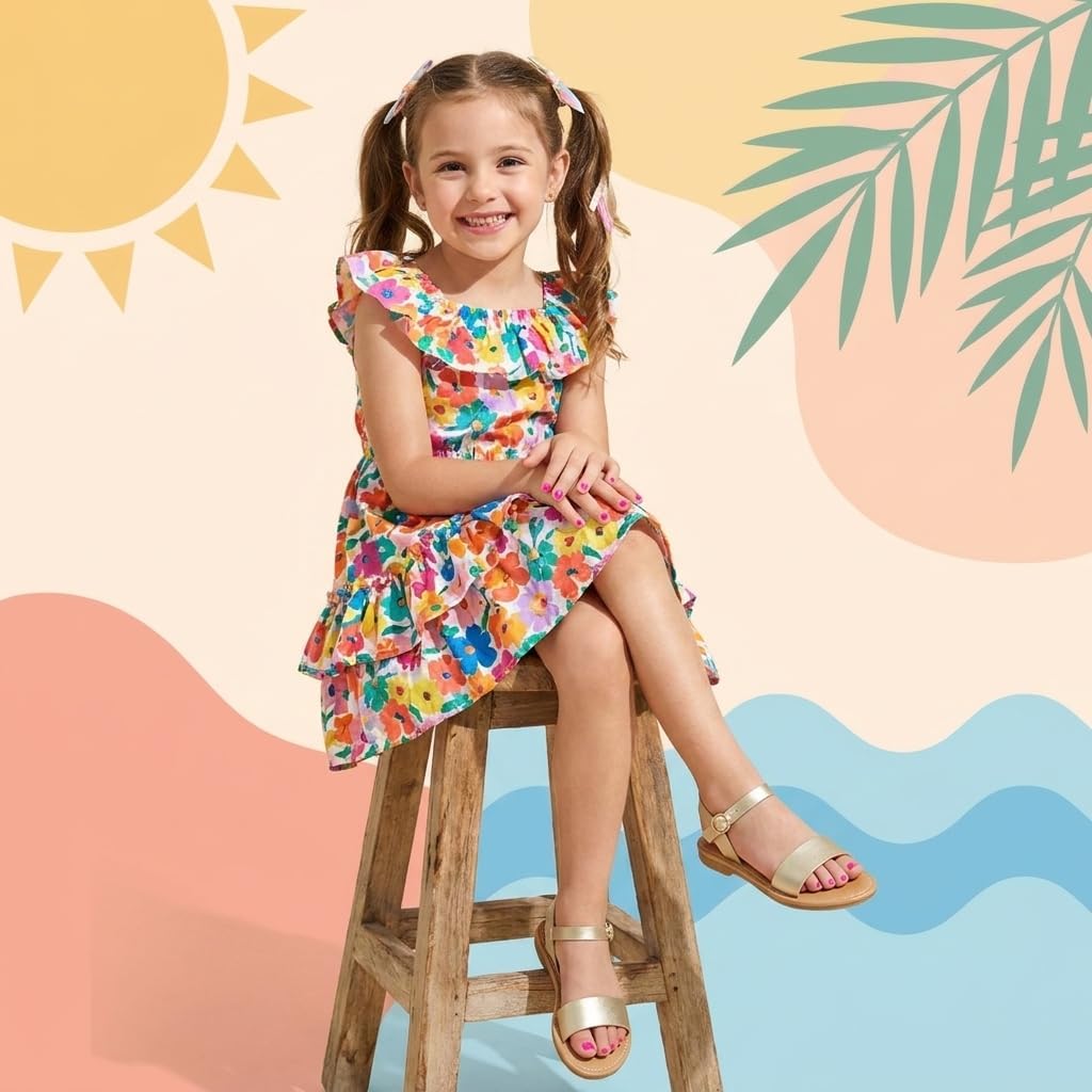 CUSHIONAIRE Clara Casual Flat Girls Sandals, Adjustable Buckle Ankle Strap with Lightweight Cushioned Comfort Kids Sandals