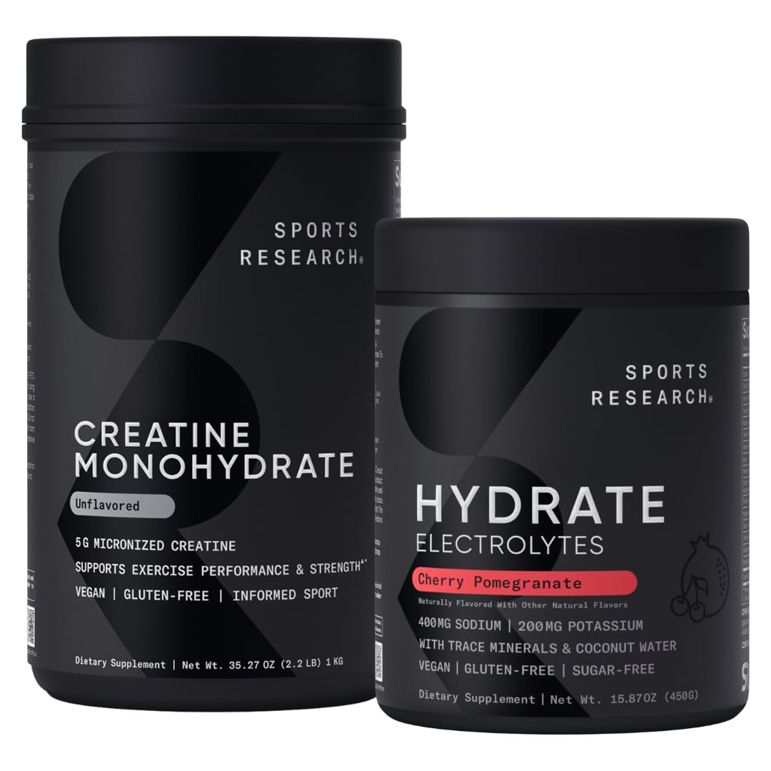 Sports Research® Creatine Monohydrate Powder (200 Servings) and Sugar-Free & Naturally Flavored Hydrate Electrolytes Powder (90 Servings)