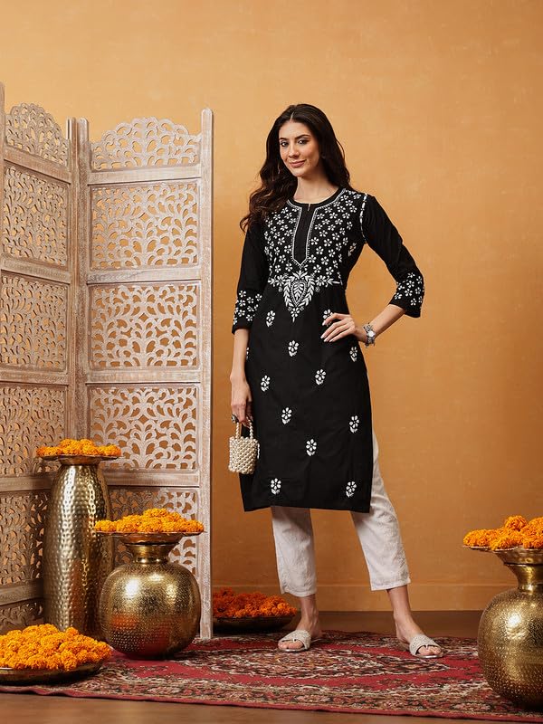 Image of Ada Hand Embroidered Lucknow Chikankari Straight Cotton Kurta Kurti Tunic for Women A411475 White