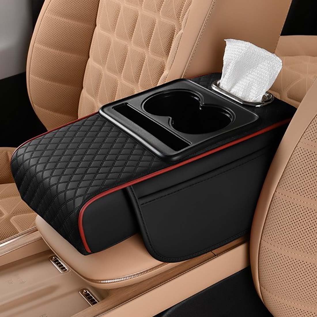 Car Armrest Cushion with Cup Holder, 5-in-1 Centre Console Cover Black Red | 7cm Height Boost, 2 Storage Bags, Tissue Box Slot, Phone Slot Included, Universal Fit-image-40