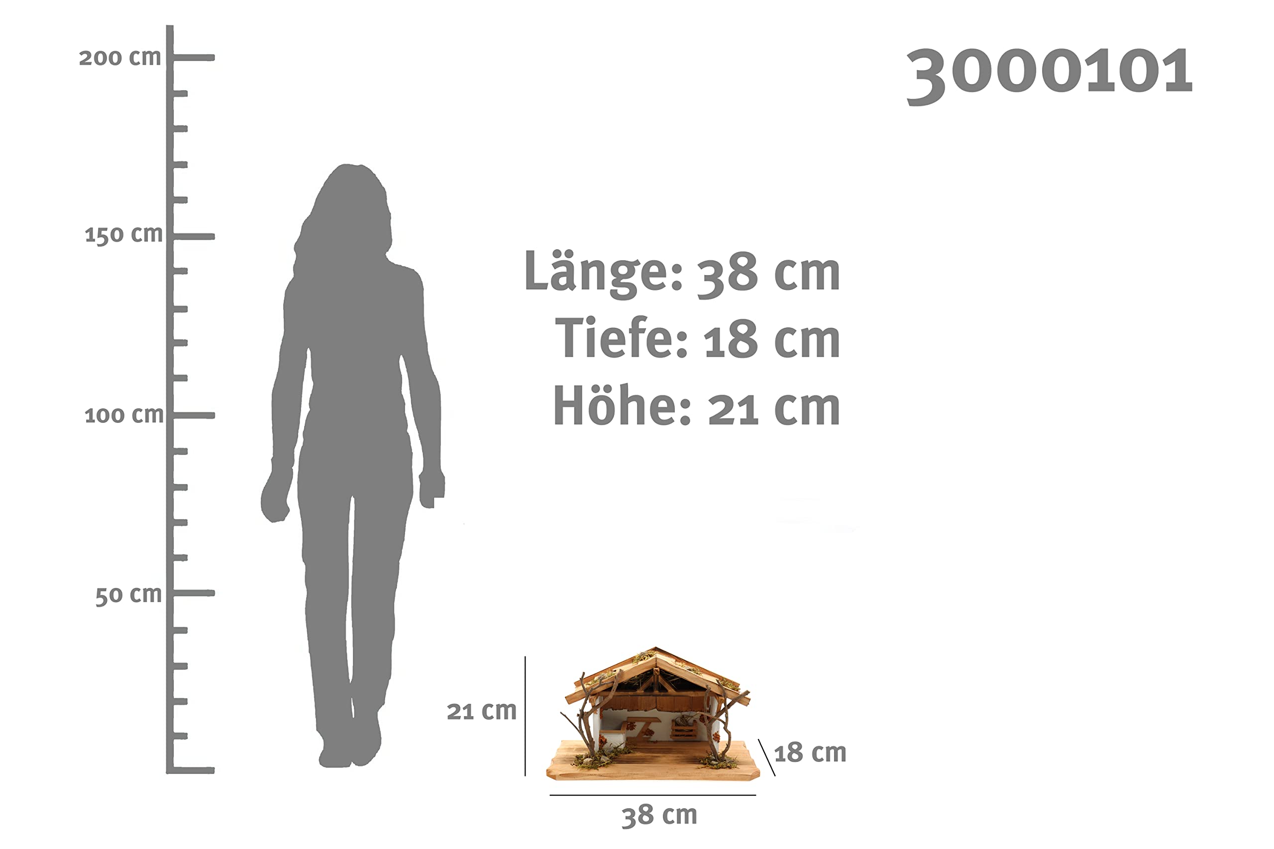 ELLUG Holz Krippenstall, Weihnachtskrippe 38 * 18 * 21cm Holzstall Krippe (OHNE Krippenfiguren)