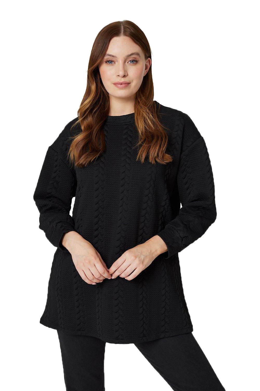 Izabel London Cable Knit Longline Relaxed Jumper for Women UK with Round Neck, Long Sleeves and Thigh Length Hem. Black