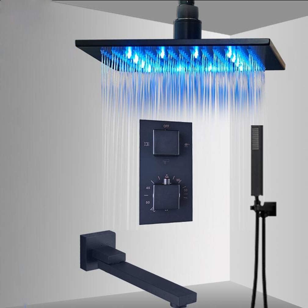 Sistema de ducha, grifo de ducha de baño oculto, termostático LED, juego de grifos de baño de latón superior con boquilla giratoria, juego de ducha de lujo de bronce frotado con aceite, 10 pulgadas