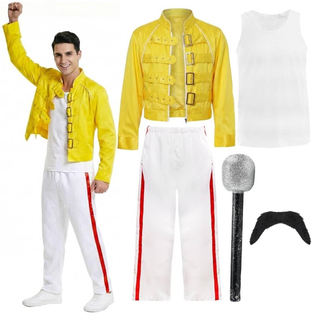 1980’s Rock Star Iconic Costume Set - Yellow Buckle Jacket, White Vest, Trousers with Red Stripes, Moustache & Glitter Microphone - Complete Icon 80’s Legend - Adults Fancy Dress Costume