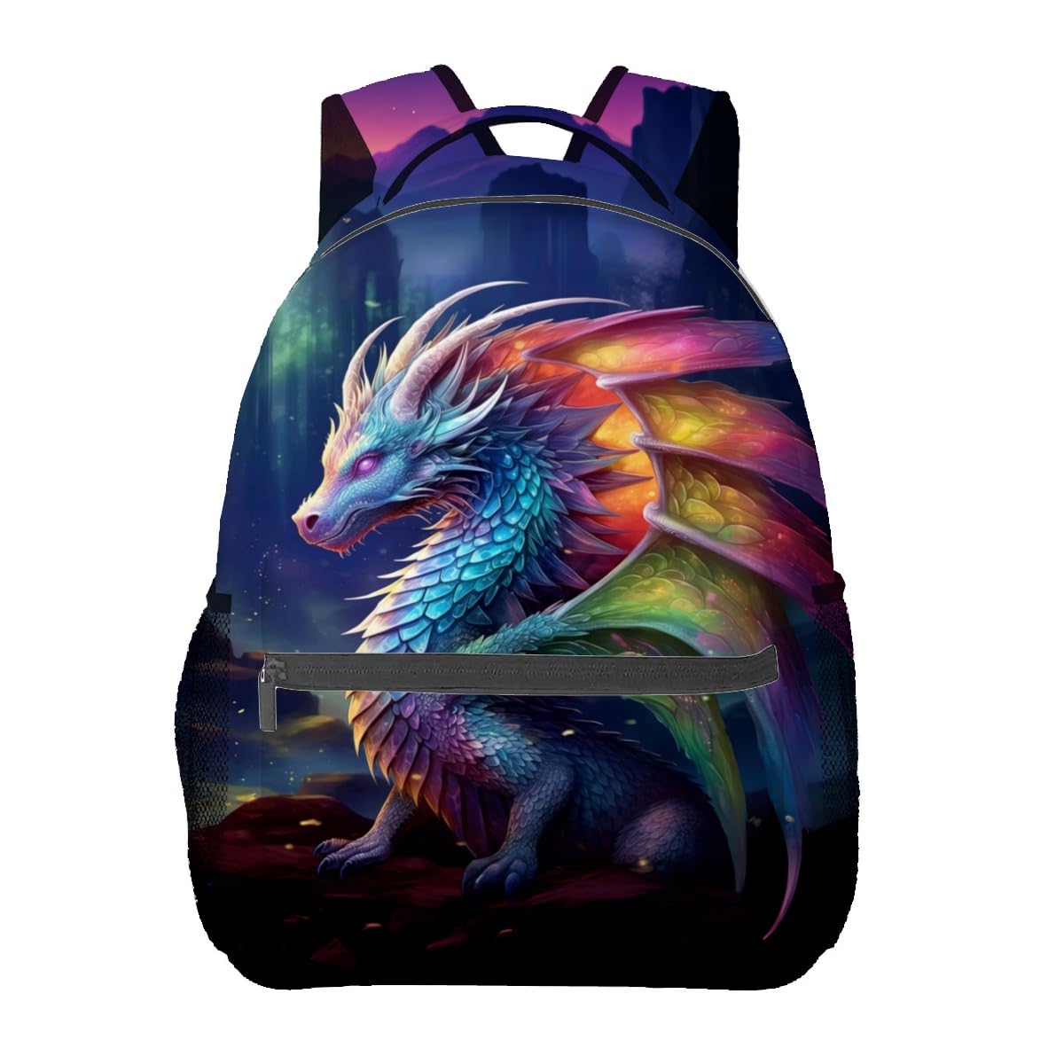 MIEPOS Vibrant Dragon Backpack,Majestic Rainbow Scales Dark Polyester Backpacks,Lightweight Double Shoulder Back Pack for Boys,Cool Dark Bookbag,