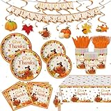132 Pcs Thanksgiving Party Supplies Disoposable Friendsgiving Tableware Set Turkey Paper Plates and Pumpkin Leaf Cups and Napkins for Fall Thanksgiving Friendsgiving Party Decorations
