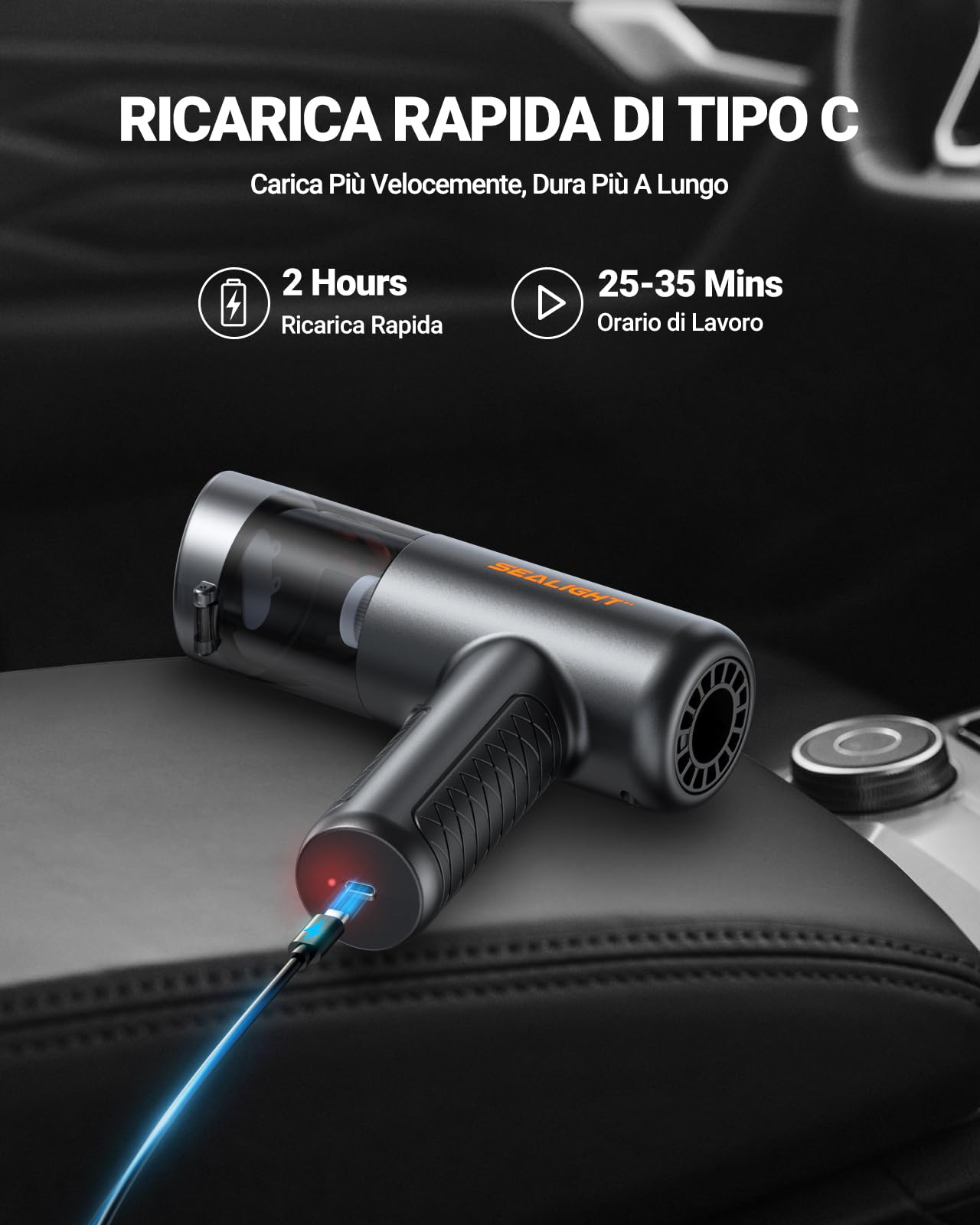 SEALIGHT Aspirabriciole Senza Fili, 32000Pa 4-in-1 Aspirapolvere Auto Cordless, One-Touch Dust Dump con 400000 RPM Motore Brushless, Mini Aspirapolvere Potente per Casa, Ufficio, Auto, Capelli